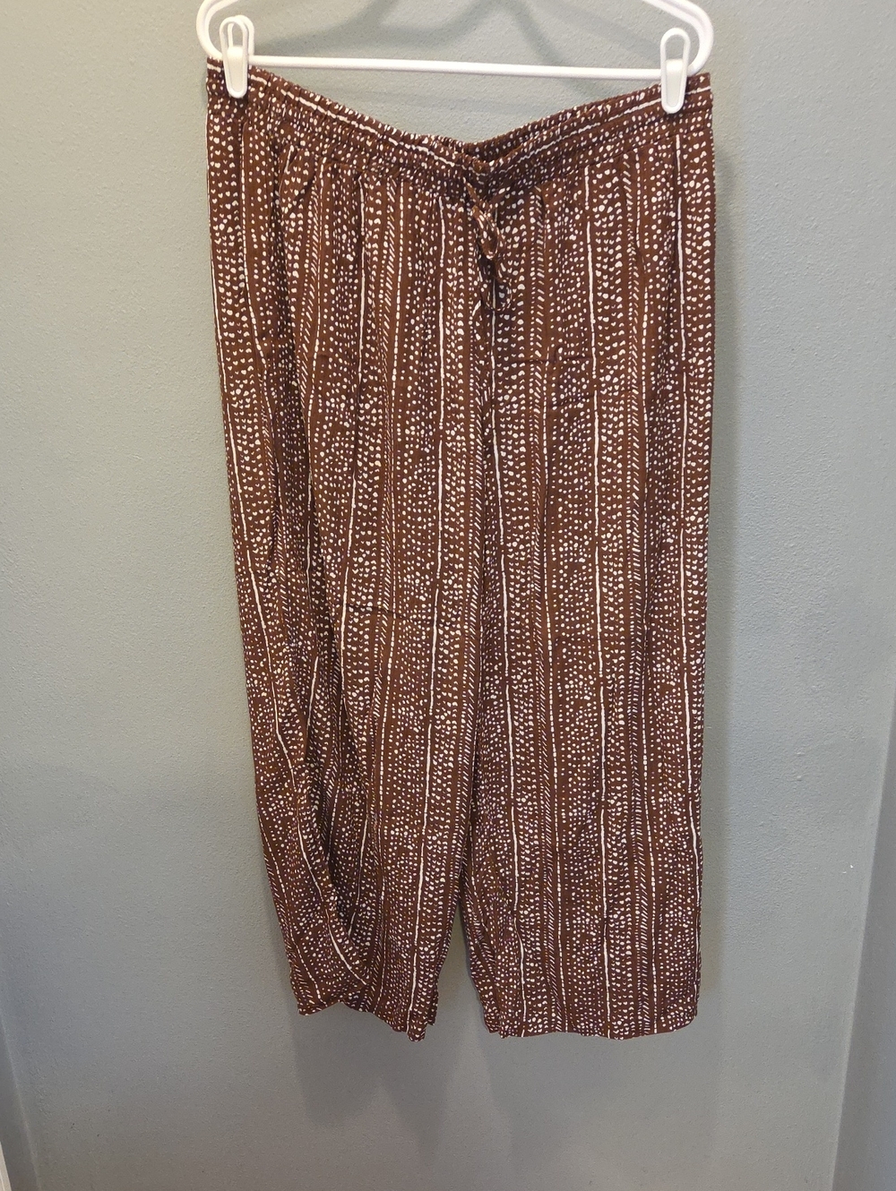 Wide Leg Brown Patterned Women’s Pants with Drawstring Waist